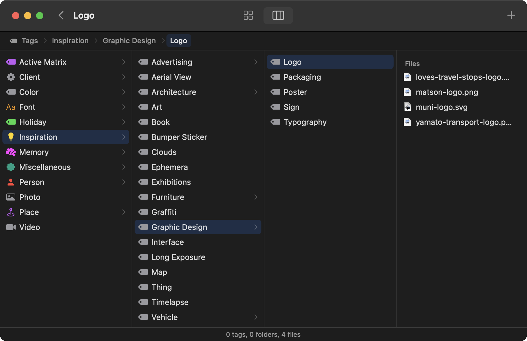 Nestag’s column browser organizing Finder tags into a hierarchy, with Logo selected under Inspiration and Graphic Design and its matching files shown on the right.